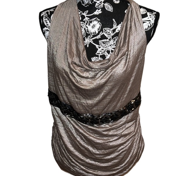 Pleone BY Anthropologie XL light Brown cowl neck top racerback sequin detail - Picture 2 of 14